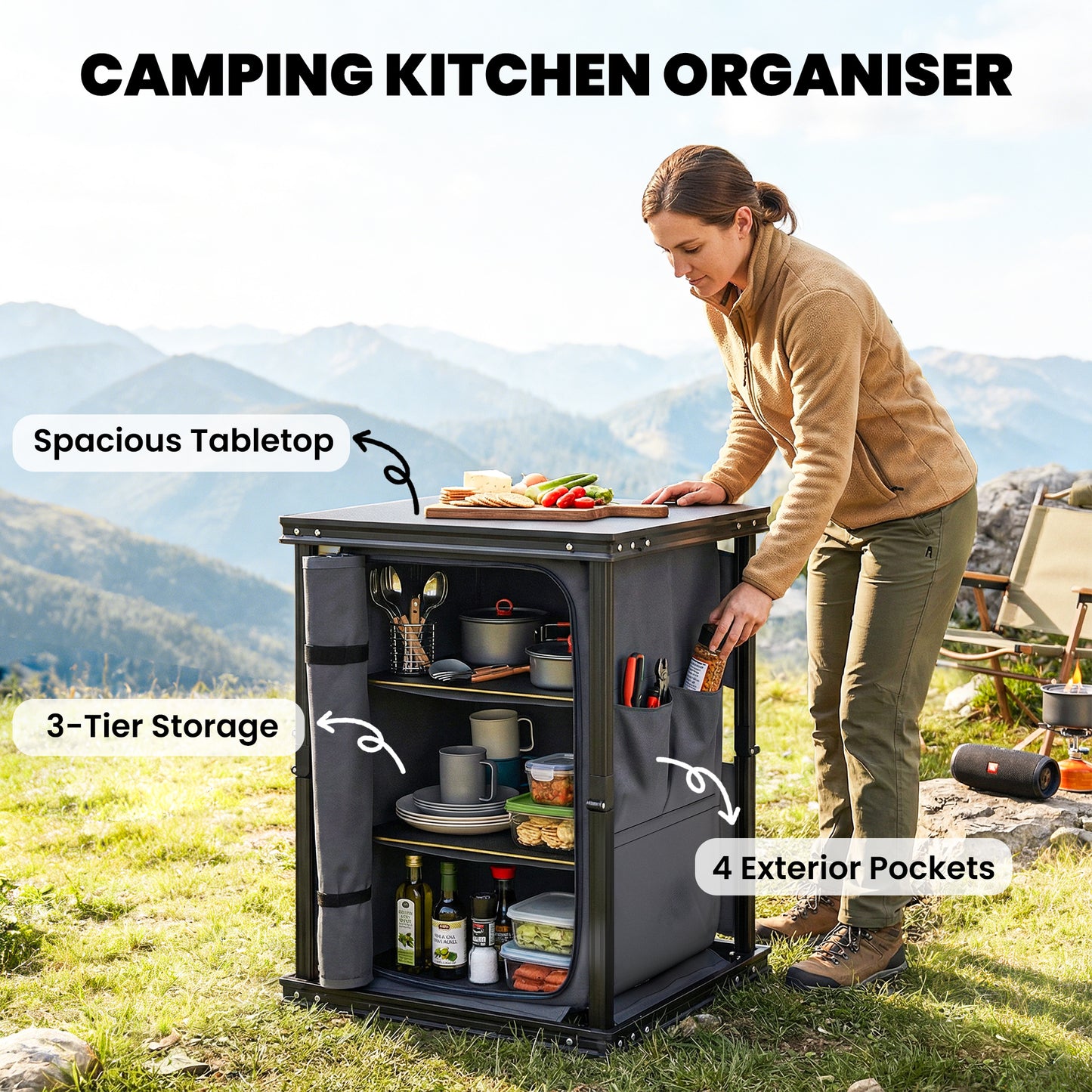 Folding Camping Kitchen Unit | 3 Shelves & 4 Pockets | Zip Cupboard | Adjustable Feet | 50kg | Carry Bag | Black