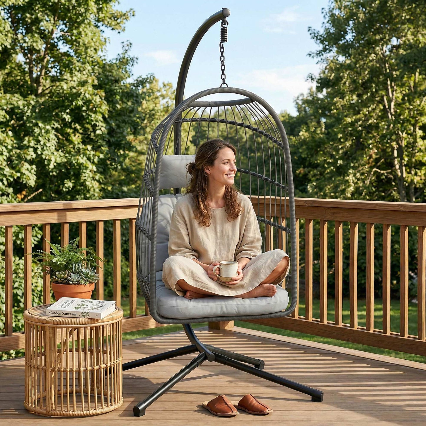 Hanging Egg Chair with Stand | 15cm Cushion | Foldable Basket | Safety Strap | Dark/Light Grey