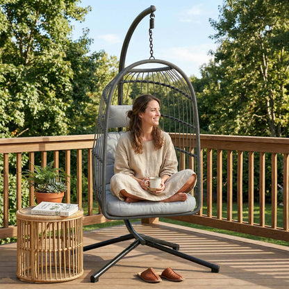 Hanging Egg Chair with Stand | 15cm Cushion | Foldable Basket | Safety Strap | Dark/Light Grey