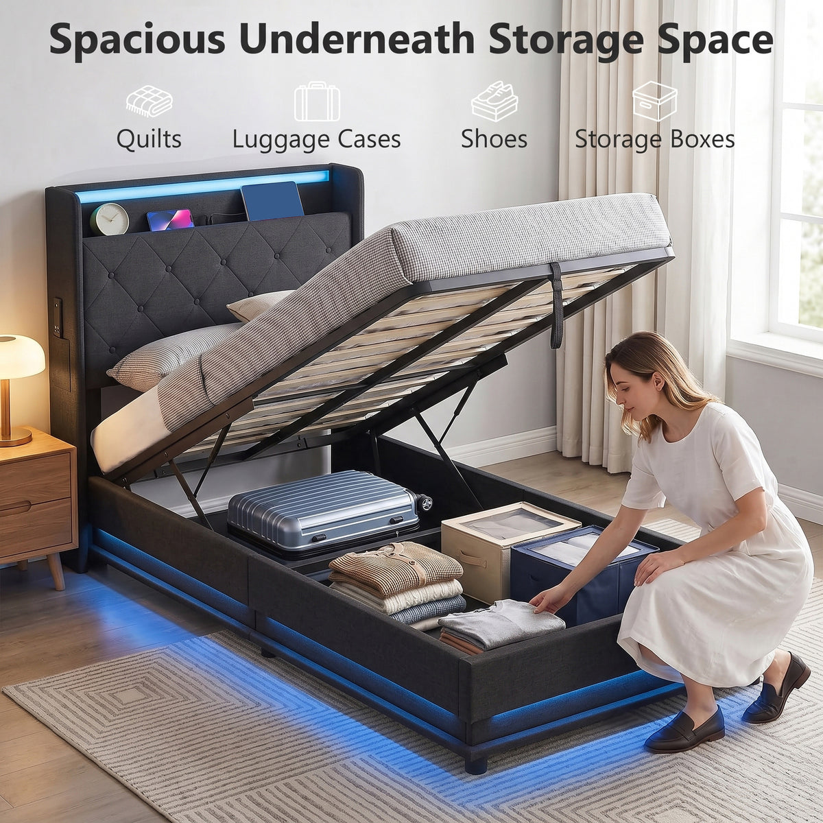 3ft Single Ottoman Bed Frame | Hydraulic Storage, RGB LED Headboard Lights & USB Charging | Black or Cream White