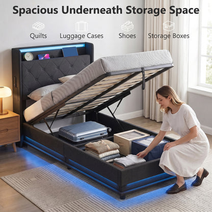 3ft Single Ottoman Bed Frame | Hydraulic Storage, RGB LED Headboard Lights & USB Charging | Black or Cream White