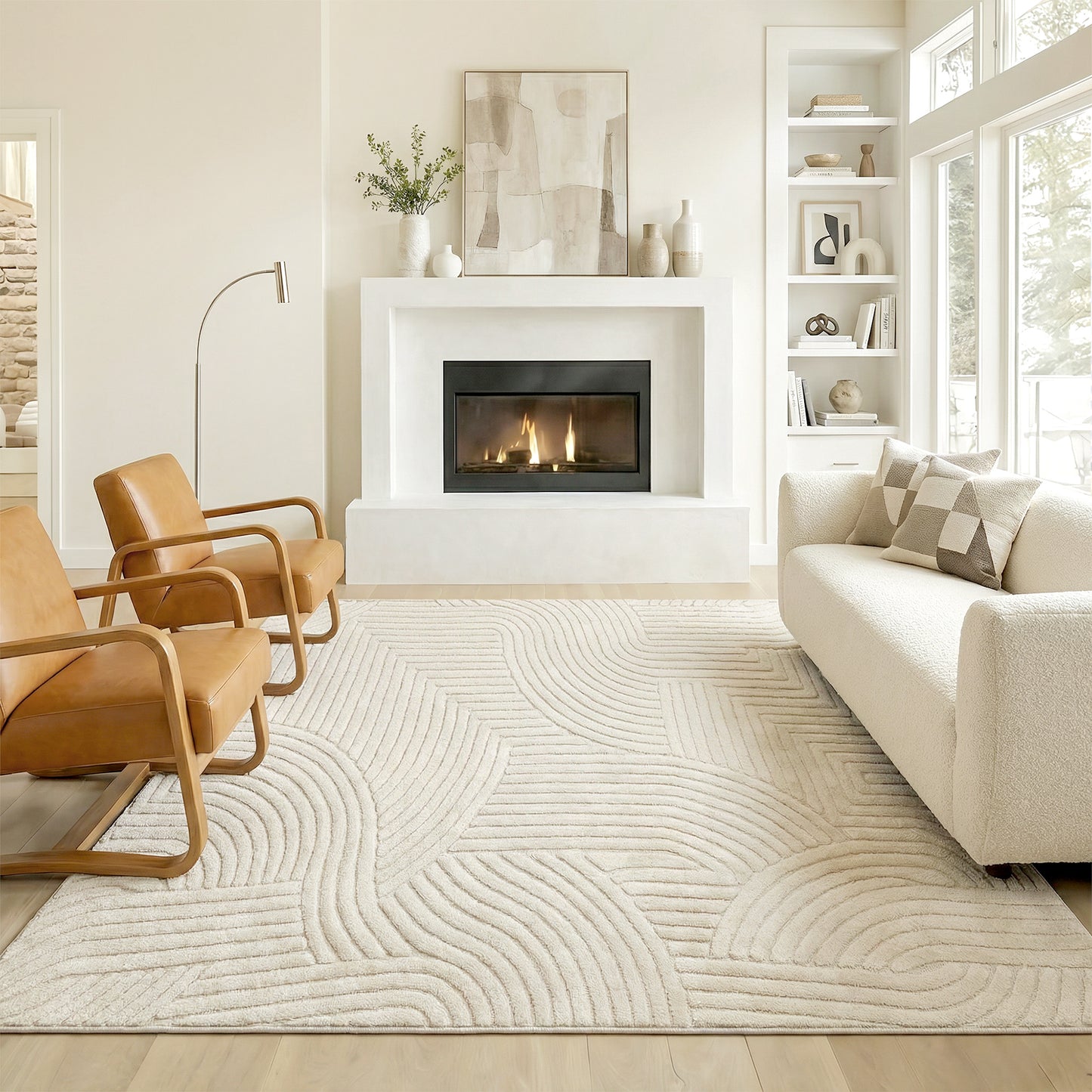 Geometric Rug | 200x140cm | 15mm Pile | Jacquard Weave | Non-Slip Backing | Reinforced Edges | Cream