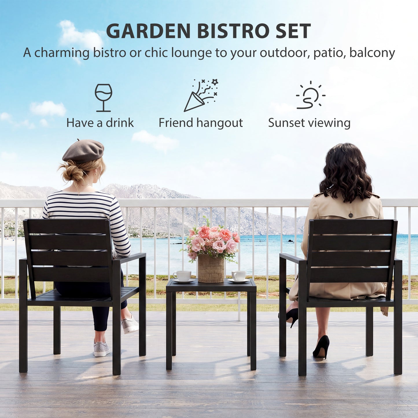 3 Piece Garden Bistro Set | 2 Chairs & Table | HDPE Surfaces | Powder Coated Steel Frame | Weather Resistant | 120kg | Black