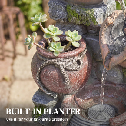 4-Tier Resin Waterfall Fountain with Built-In Planter | Warm White LED Lights | 3-Speed Adjustable Pump | 5W | 230V | 3m Cable | 31x30x59cm | Garden & Patio | Rustic Brown