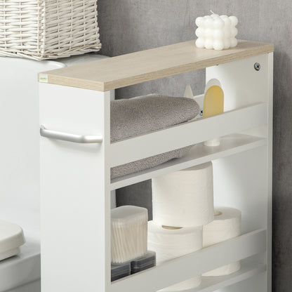 4-Tier Slim Bathroom Storage Trolley | 4 Wheels & Side Handle | Moisture-Resistant Laminated MDF | 10kg Total 2.5kg Per Shelf | Fits Between Toilet & Bath | 48x15x80cm | White