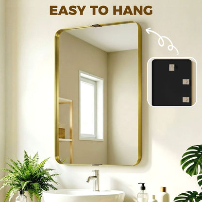 Rectangular Wall Mirror | Shatterproof Tempered Glass | Anodised Aluminium Alloy Frame | 4cm Deep 3D Effect | Soft Rounded Corners | No Assembly | 60x4x90cm | Gold Tone