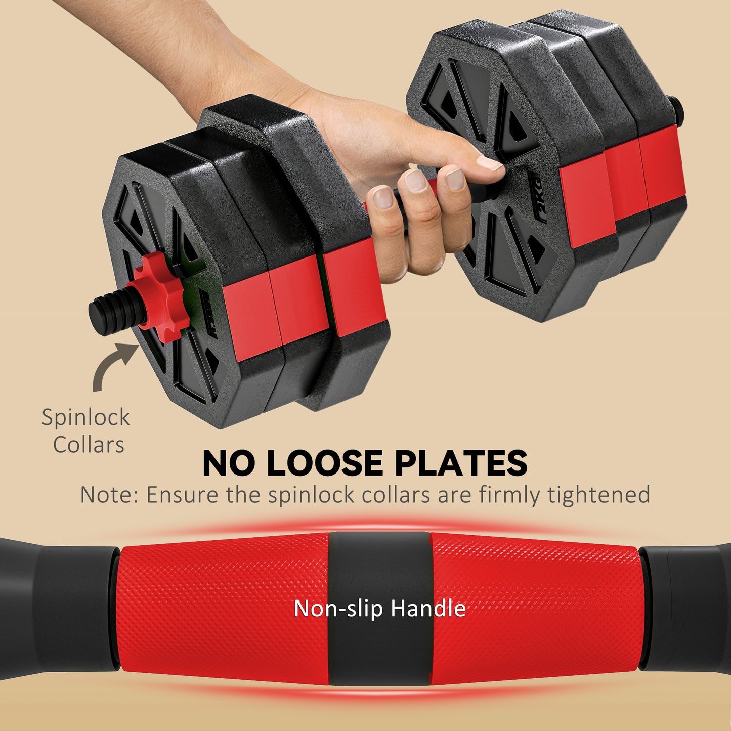 SPORTNOW 6-in-1 Adjustable Dumbbell Set 20kg | Dumbbell, Barbell, Kettlebell & Push-Up Stand | Home Gym Free Weights | Men & Women | Red