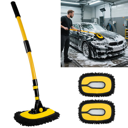 Car Wash Brush With Long Handle, 15° Curved Extendable Car Cleaning Brush with Replaceable Microfibre Mop Head,Washing Brush 55 Inch