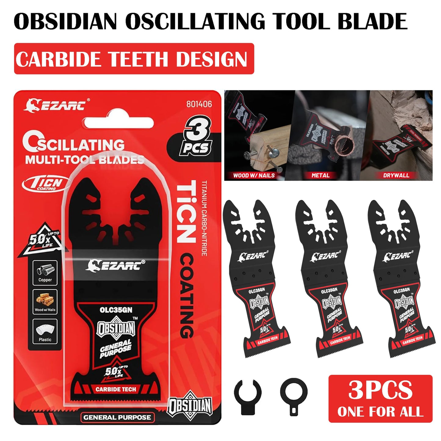 EZARC Carbide Oscillating Multitool Blades Obsidian Universal Quick Release Oscillating Saw Blades For Metal, Wood, Drywall x 3 Pack