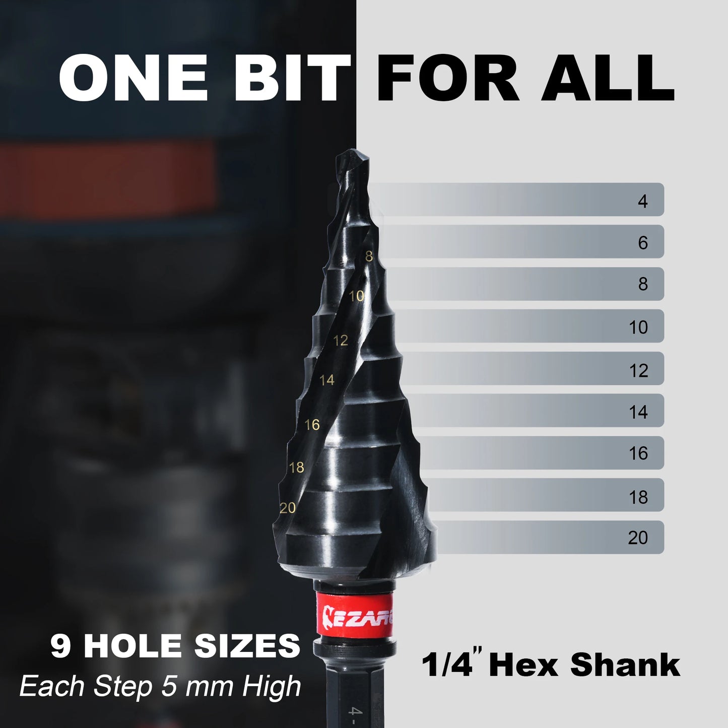 EZARC Step Drill Bit 4-20mm M35 Spiral Flute Unibit Step Drill Bit, 1/4" Hex Shank For Metal, Wood, Altin Coated