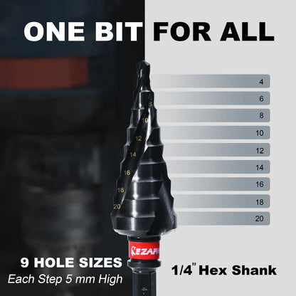 EZARC Step Drill Bit 4-20mm M35 Spiral Flute Unibit Step Drill Bit, 1/4" Hex Shank For Metal, Wood, Altin Coated