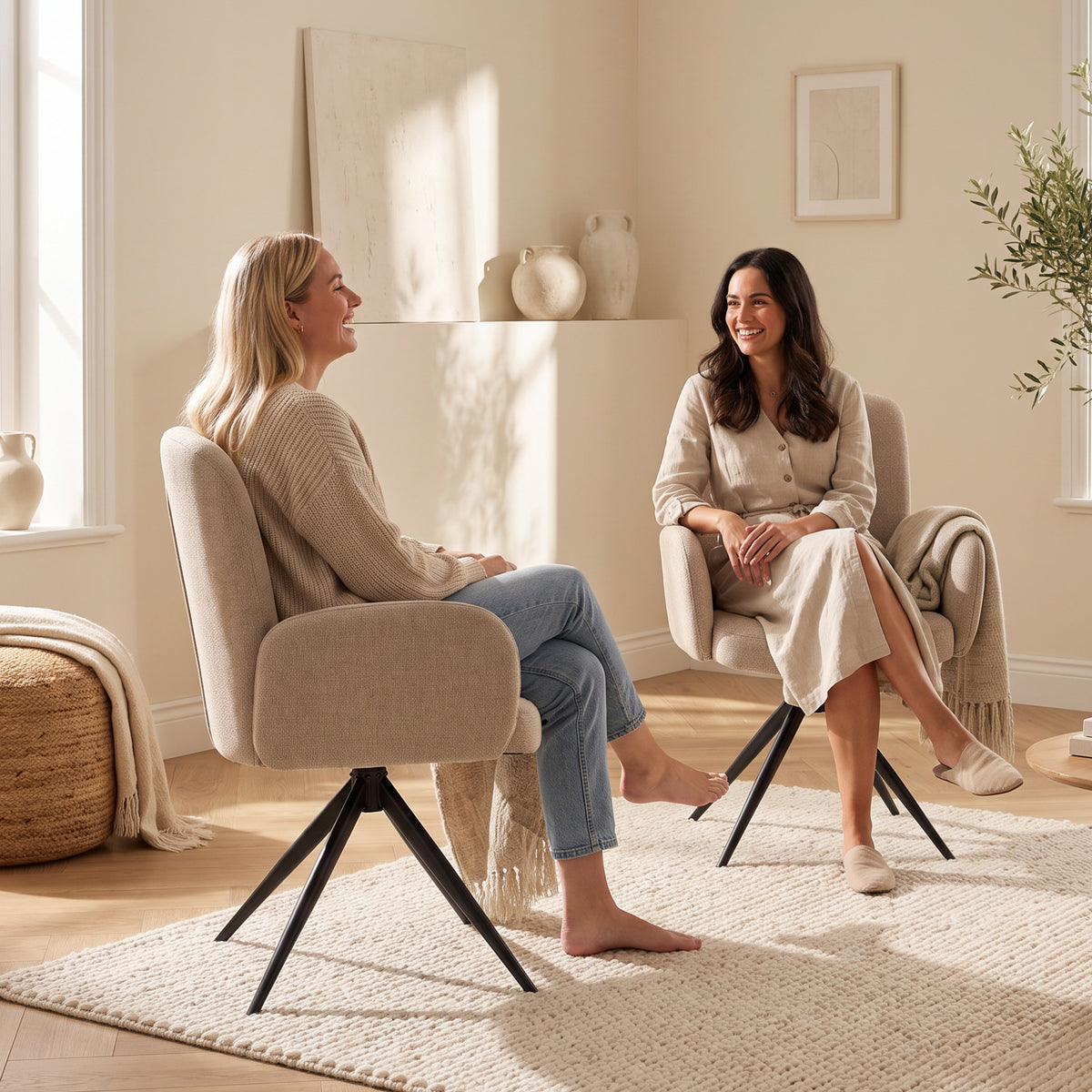360° Swivel Accent Chair | Linen-Look Upholstery, Curved Back & Padded Arms | 7cm Seat Cushion & Black Steel Base | Brown, Light Green or Grey