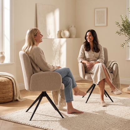 360° Swivel Accent Chair | Linen-Look Upholstery, Curved Back & Padded Arms | 7cm Seat Cushion & Black Steel Base | Brown, Light Green or Grey