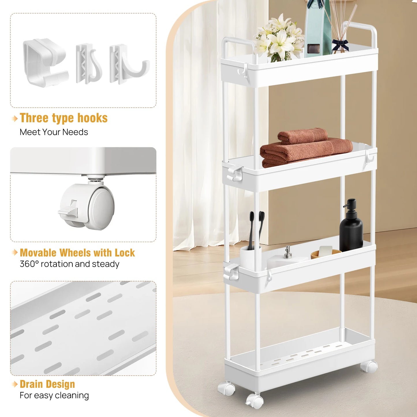 4-Tier Storage Rack Trolley Rolling Utility Cart Mobile Shelving Organiser Slide Out For Kitchen, Bathroom, Bedroom
