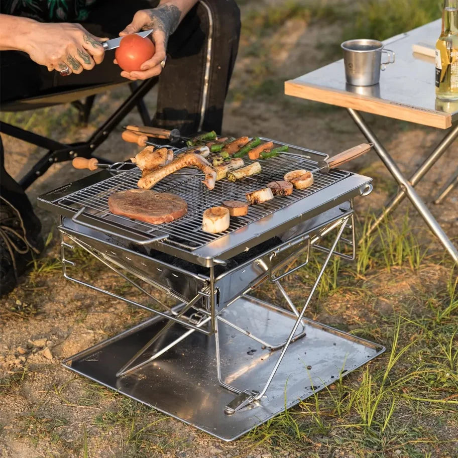 Height Adjust Camping Hiking Picnic Portable Fire Grill Collapsible Wood Burning Barbecue Grill with Bag