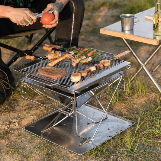 Height Adjust Camping Hiking Picnic Portable Fire Grill Collapsible Wood Burning Barbecue Grill with Bag