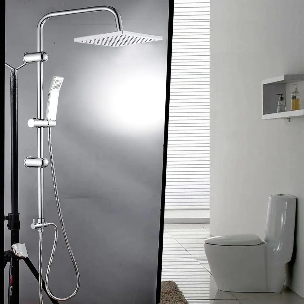 Square Chrome Overhead Shower Rain Dual Rigid Riser Rainfall Head And Hand Held Shower Kit, Twin Bath Set For Bathroom