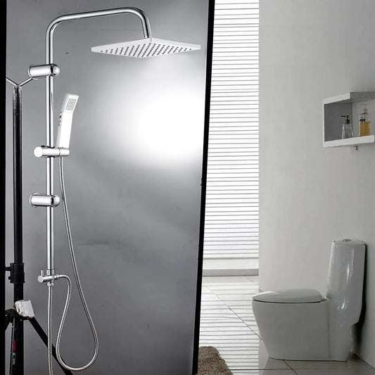 Square Chrome Overhead Shower Rain Dual Rigid Riser Rainfall Head And Hand Held Shower Kit, Twin Bath Set For Bathroom