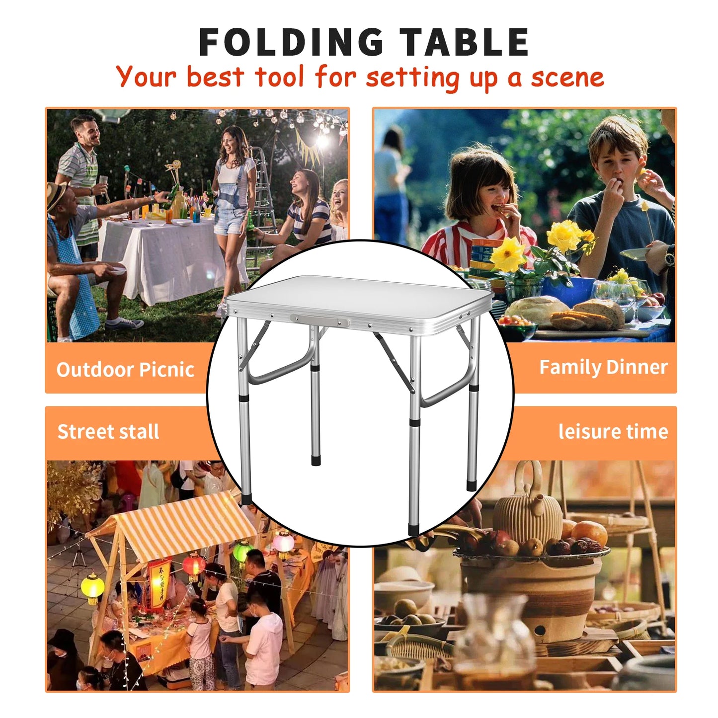 Folding Camping Table With 2 Adjustable Heights, Lightweight Foldable Aluminium Portable Picnic Table 