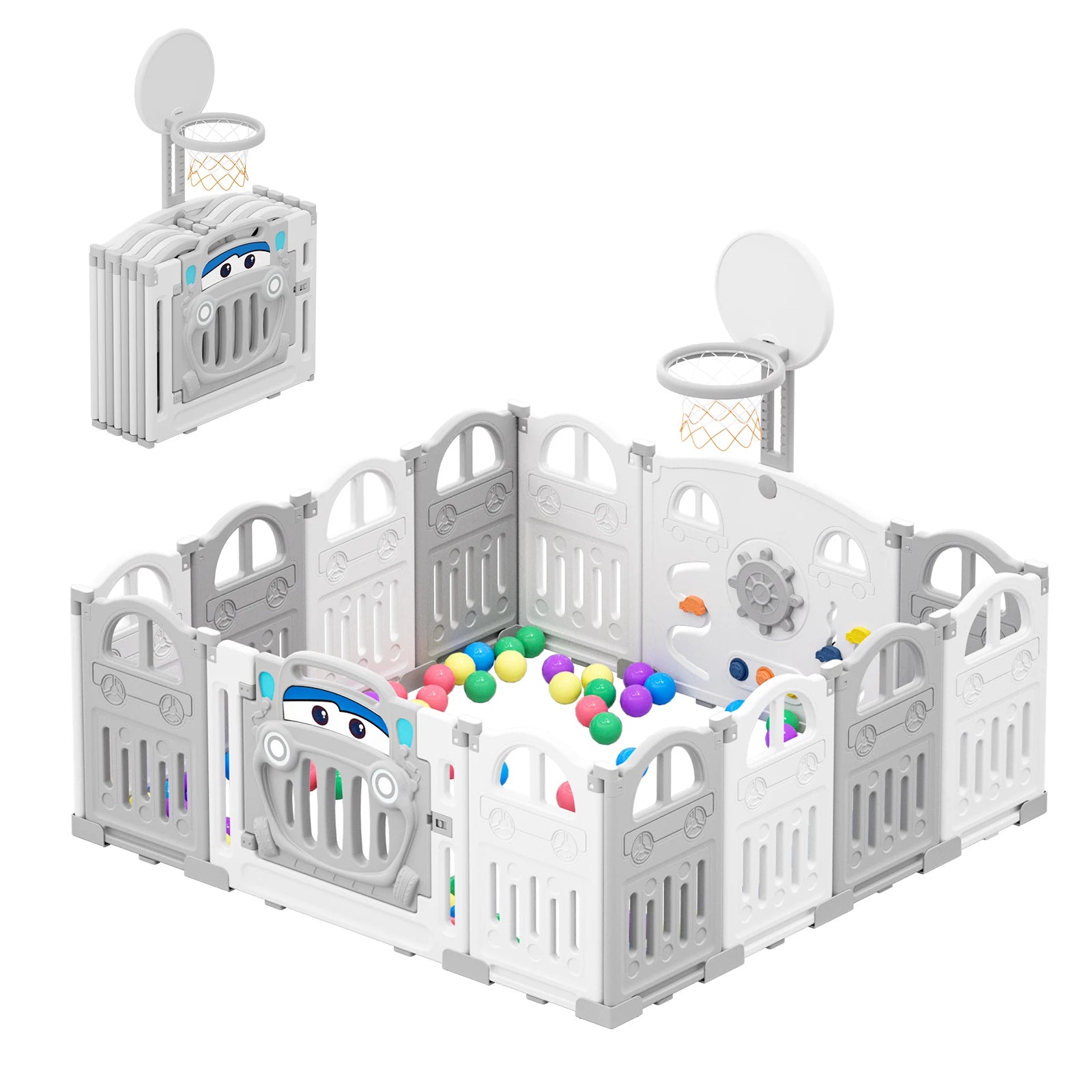 UBRAVOO Foldable Baby Playpen with Basketball Hoop & 50 Piece Coloured Pit Balls, Toddler and Baby Play pen fence, 14-Panel