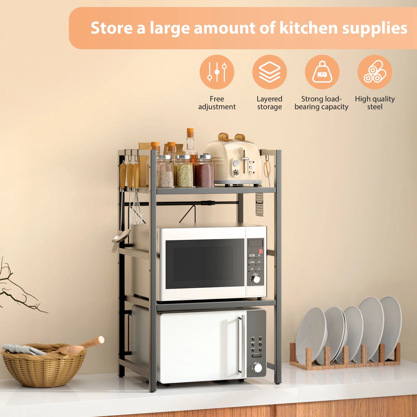 Expandable Microwave Oven Rack Shelf Stand Storage Holder Kitchen Corner Storage Organiser Desktop Printer Shelf 