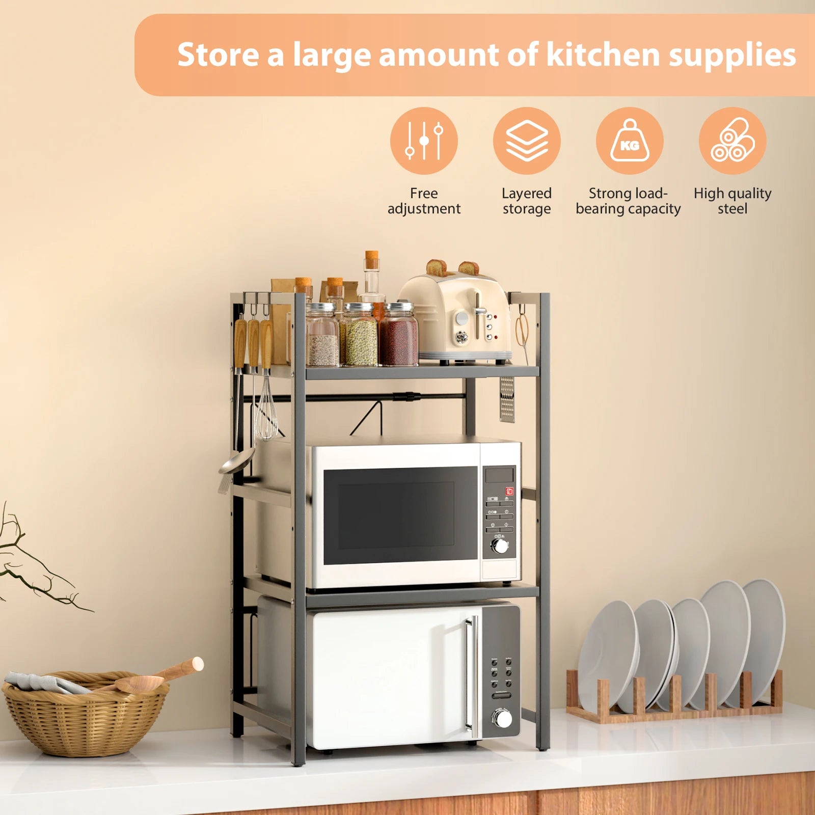 Expandable Microwave Oven Rack Shelf Stand Storage Holder Kitchen Corner Storage Organiser Desktop Printer Shelf 