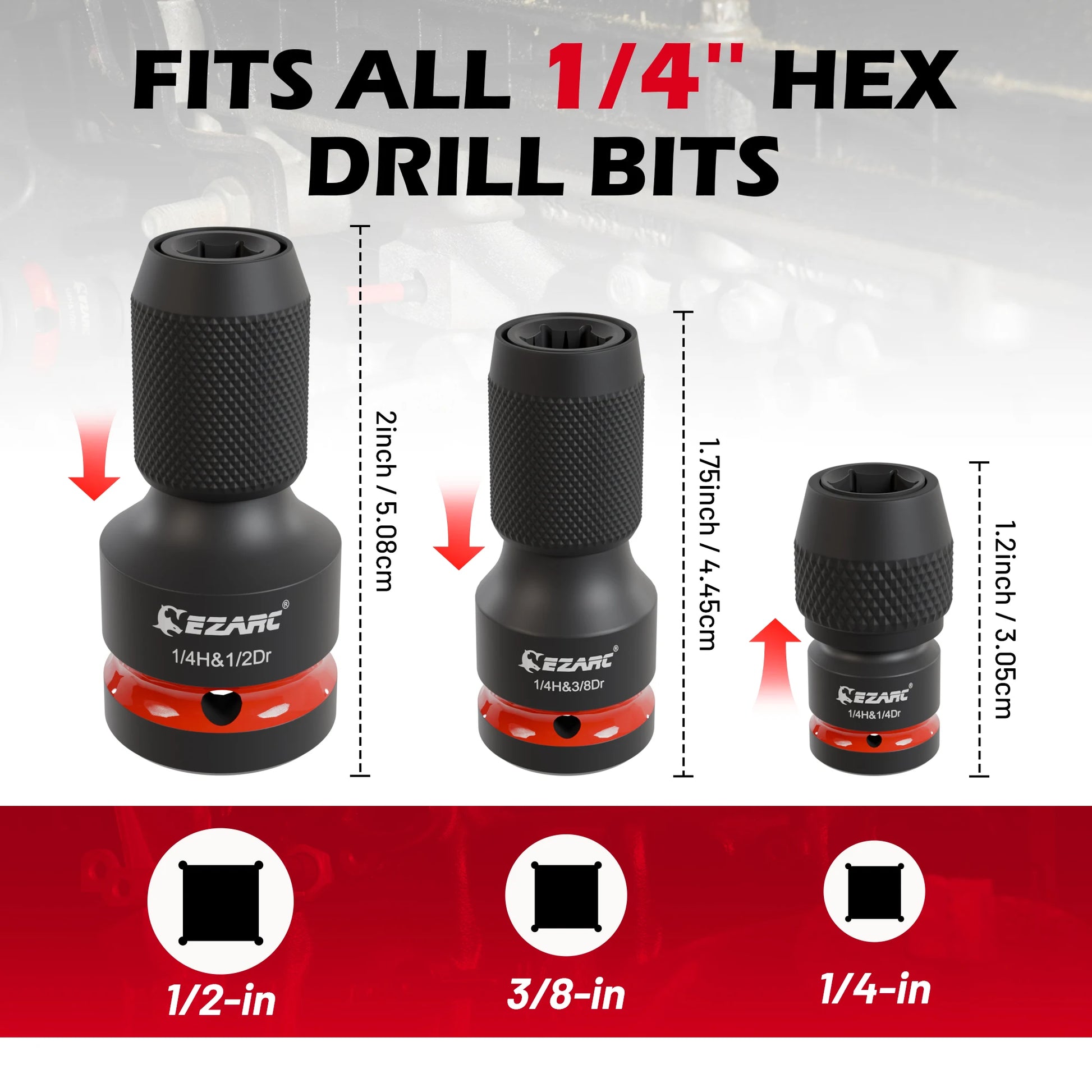 EZARC 4 Piece Impact To Hex Converter, Square Drive Sockets, Impact Wrench Driver Adapter For Ratchet Wrench Drivers