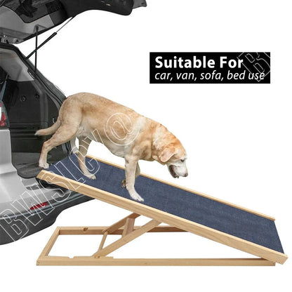 Solid Wooden Pet Ramp Car Dog Ladder - 4-Height Adjustable with Non-Slip Carpet Safety Pets Ladder - Wooden Dog Ramp Pet Puppy