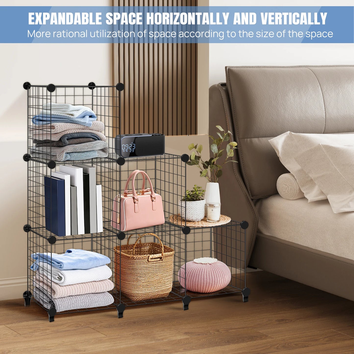 6 Cube Wire Cube Shelving Rack Bookshelf Storage Organiser Metal Grids Bookcase DIY Interlocking Shelf Unit System, Black