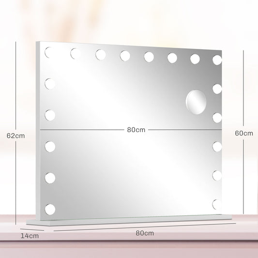Hollywood Vanity Mirror with Lights, Large 80x62 cm Lighted Makeup Mirror with 3 Colour, 18 LED Bulbs, 10X Magnifying, USB Charging Port, Touch Screen White