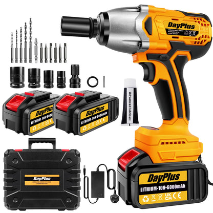 Dayplus 1500Nm Cordless Impact Wrench 3 in 1 Electric Drill Impact Wrench,Brushless Impact Gun 1/2"Driver Car Tyre Wheel, 3 Speed