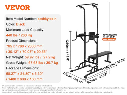 Power Tower With Bench Adjustable Pull Up Bar Stand Dip Station & Detachable Bench Multi-Function Home Gym