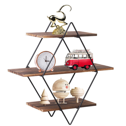 Rustic Wood Geometric Wall Floating Shelves Decorative Storage Display Rack