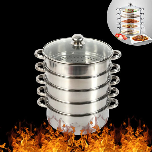 5 Tier 26 / 28 / 30Cm Steam Cooker Steamer Pan Cook Food Veg Pot Stainless Steel