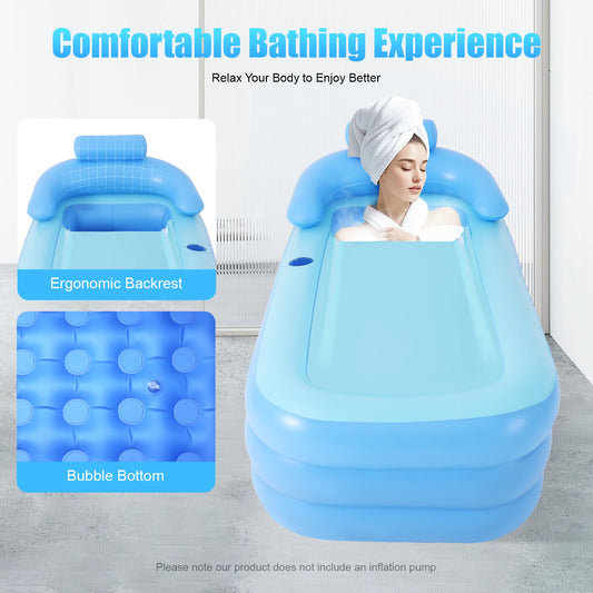 Portable Inflatable Bathtub Foldable Soaking Tub with Ergonomic Backrest Zipper Lid Thickened PVC for Home Apartment Backyard