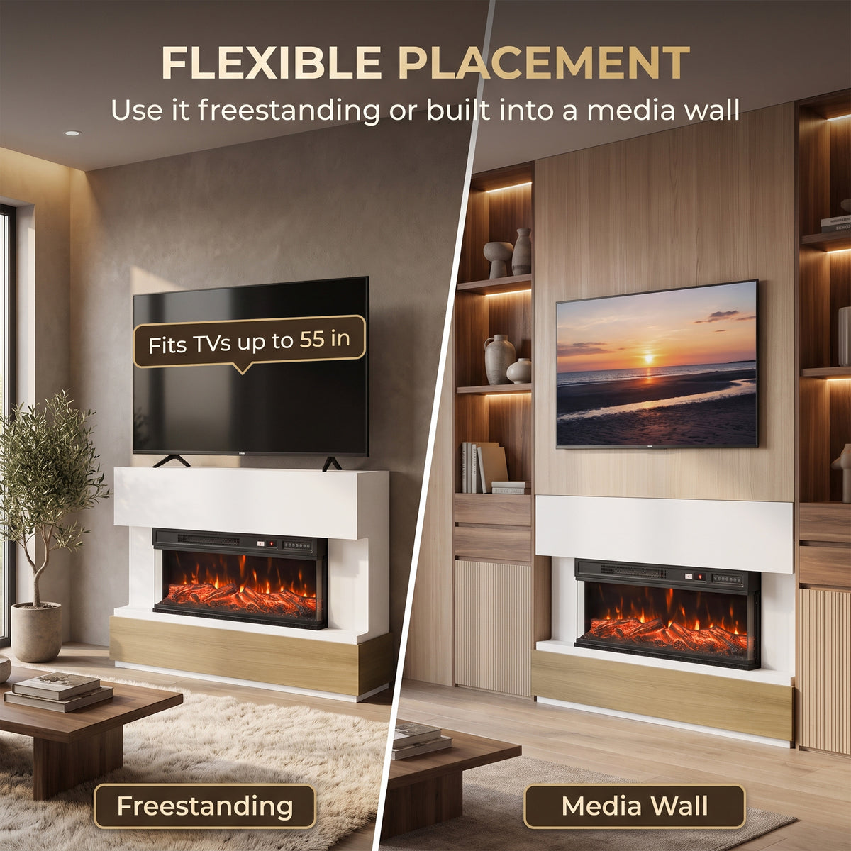117cm Three-Sided Electric Fireplace Suite | White Surround & Wood-Effect Base | 900/1800W, 12 Flame Colours, Remote & 8-Hour Timer
