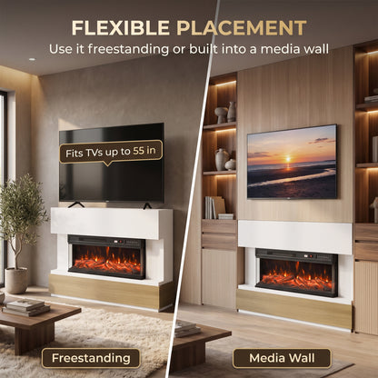 117cm Three-Sided Electric Fireplace Suite | White Surround & Wood-Effect Base | 900/1800W, 12 Flame Colours, Remote & 8-Hour Timer
