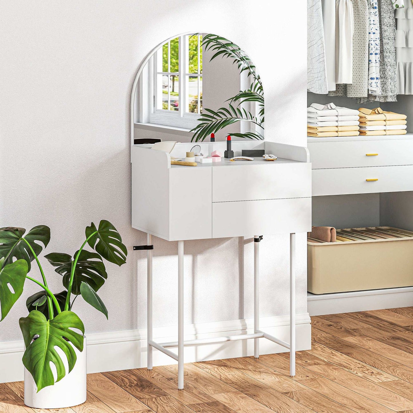 Dressing Table with Arched Mirror and 3 Drawers - White
