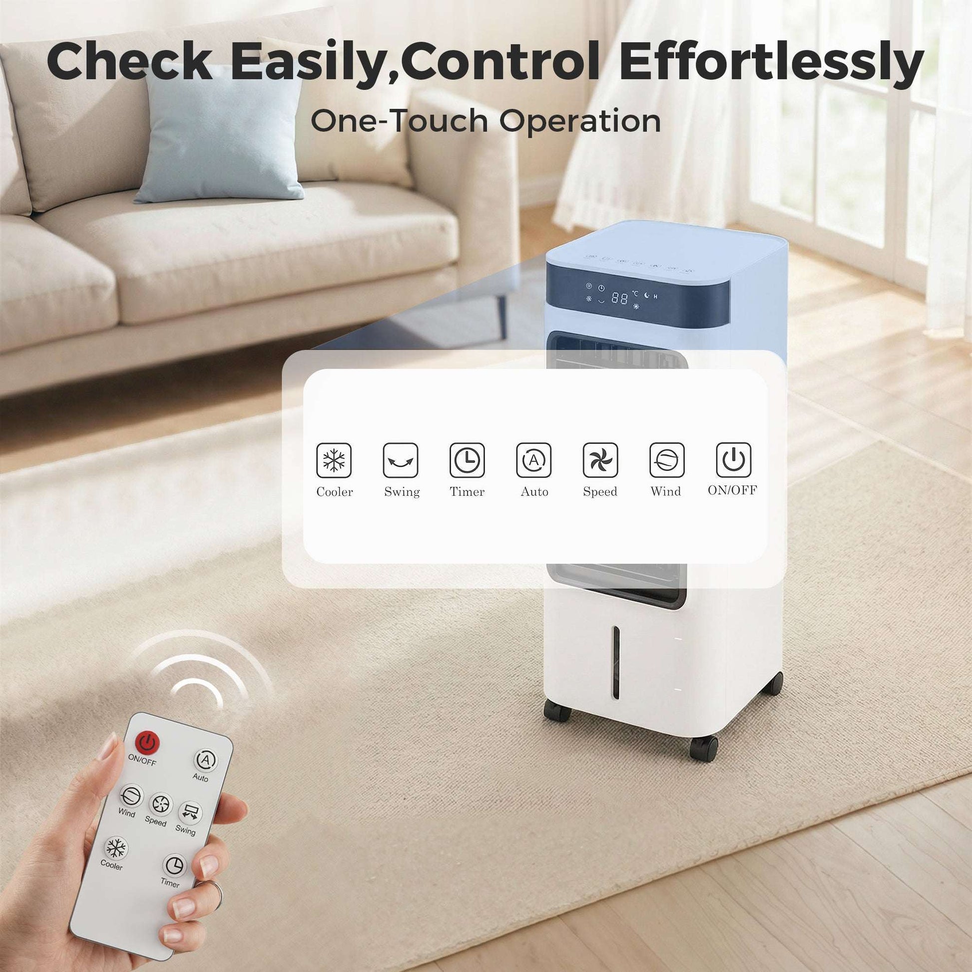 Portable Air Cooler, 3-In-1 Evaporative Air Cooler with 7 Litre Water Tank, 48° Oscillation, White