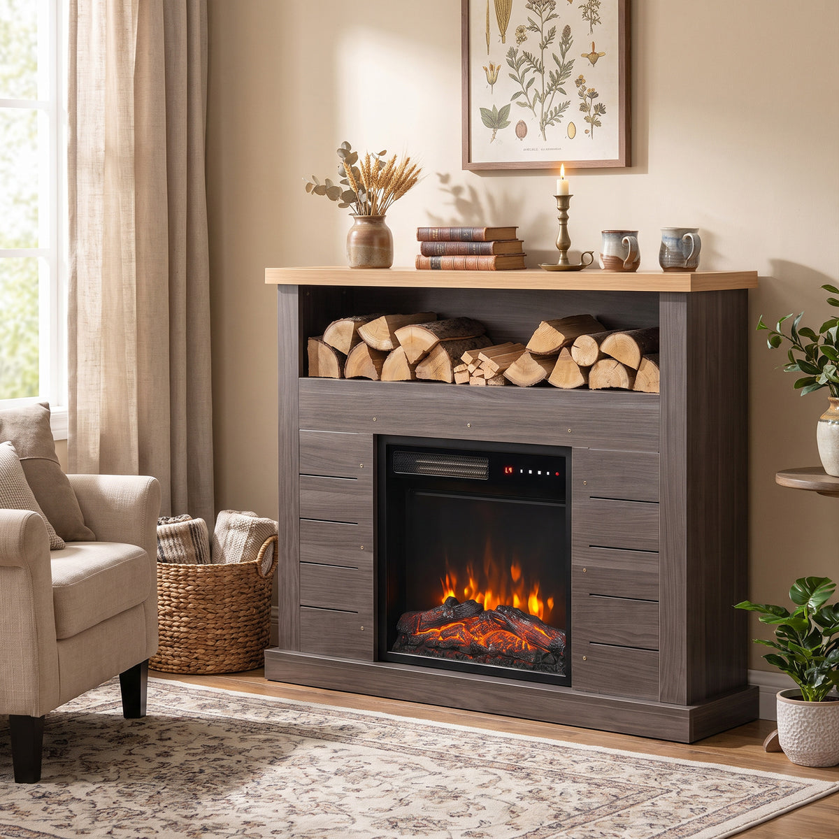 Electric Fireplace Suite | 1800W Fire & Charcoal Grey Surround | 96.5cm, Open Shelf & Wood-Effect Top | LED Flames, Remote & Timer
