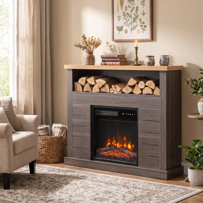 Electric Fireplace Suite | 1800W Fire & Charcoal Grey Surround | 96.5cm, Open Shelf & Wood-Effect Top | LED Flames, Remote & Timer