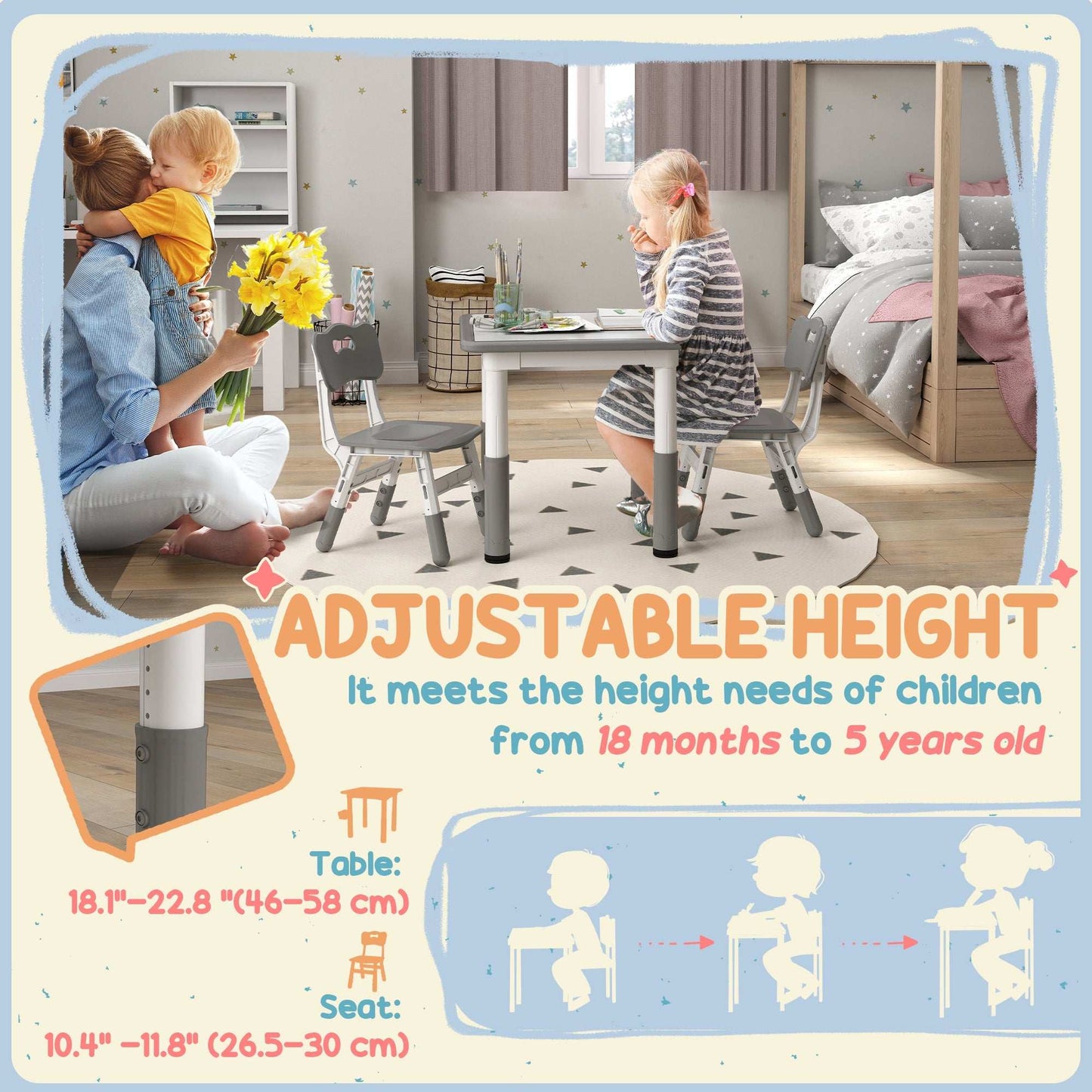AIYAPLAY Height Adjustable Toddler Table and Chair Set, 3 Pcs Children Activity Table w/ 2 Chairs, for Playroom, Bedroom - Grey / Pink