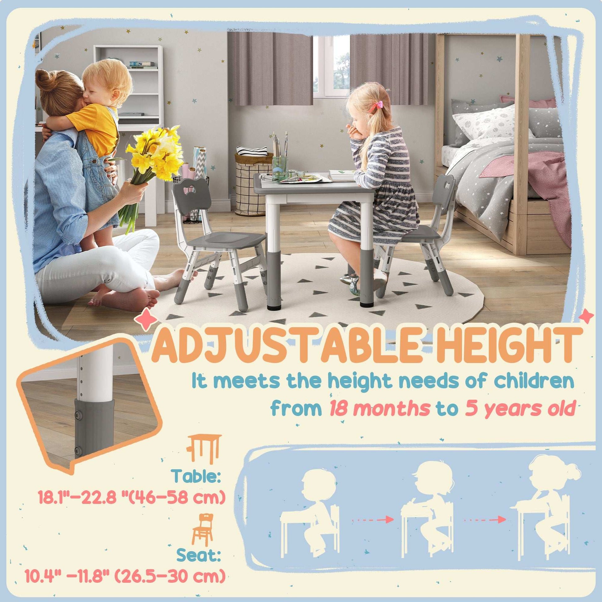 AIYAPLAY Height Adjustable Toddler Table and Chair Set, 3 Pcs Children Activity Table w/ 2 Chairs, for Playroom, Bedroom - Grey / Pink