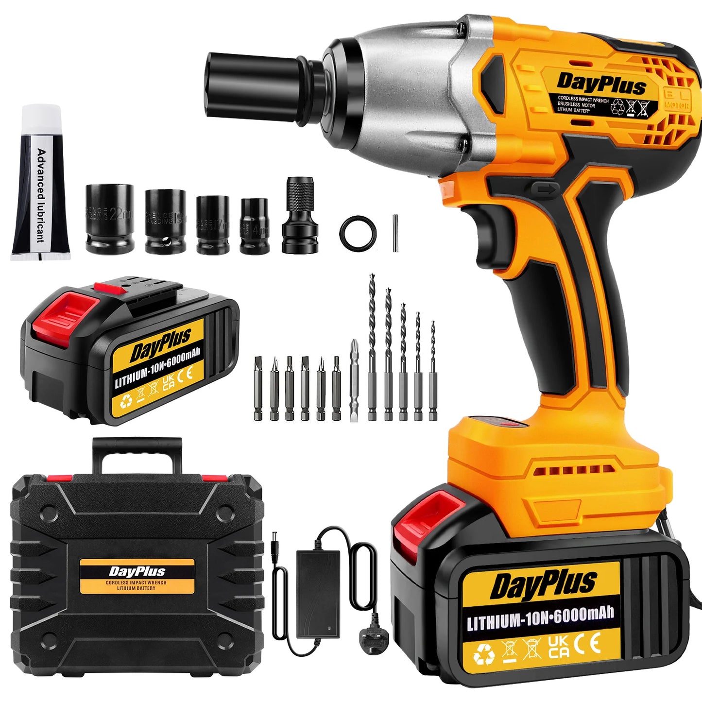 Dayplus 1500Nm Cordless Impact Wrench 3 in 1 Electric Drill Impact Wrench,Brushless Impact Gun 1/2"Driver Car Tyre Wheel, 3 Speed