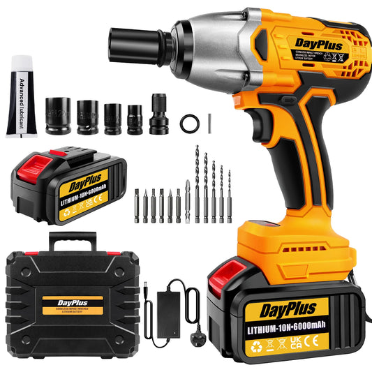 Dayplus 1500Nm Cordless Impact Wrench 3 in 1 Electric Drill Impact Wrench,Brushless Impact Gun 1/2"Driver Car Tyre Wheel, 3 Speed