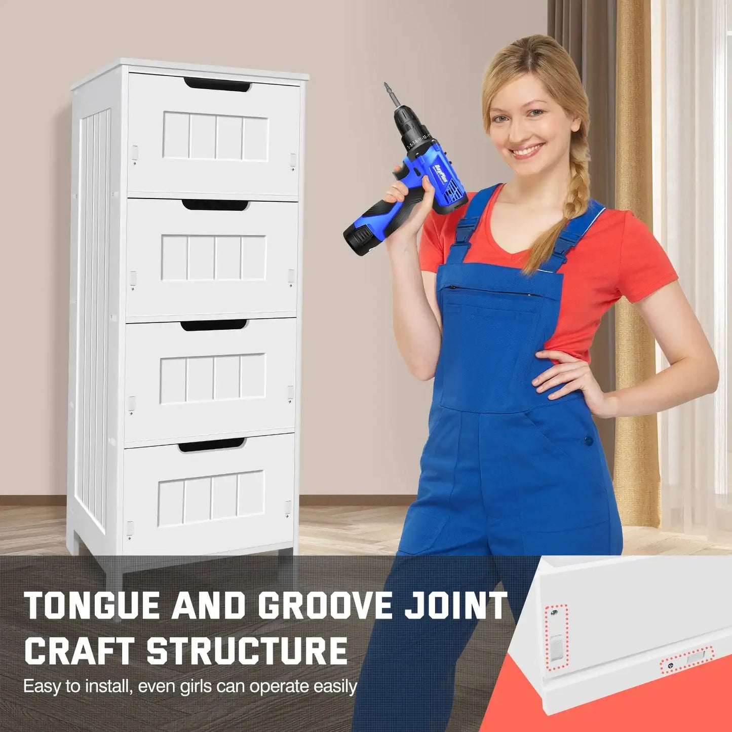 Bathroom Storage Cabinet 4 Drawers Floor Standing Modern Waterproof Bathroom Cabinet Space Saver Home Furniture Cabinet PVC