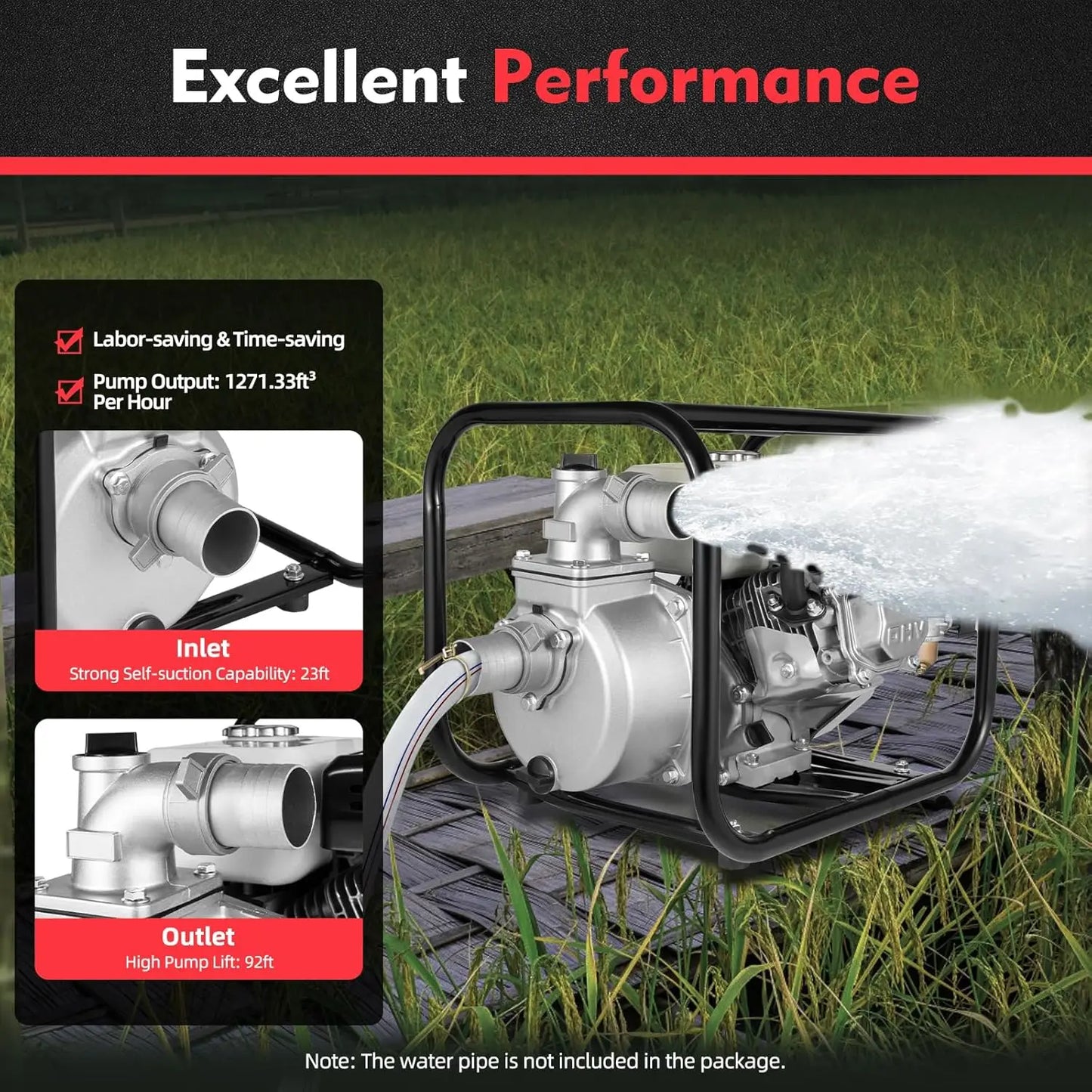 6.5HP 2-Inch 4-Stroke Water Pump - 36M³/H High Flow & 92Ft Lift, Efficient, Air-Cooled & Self-Priming 23Ft, Aluminium & Iron Build