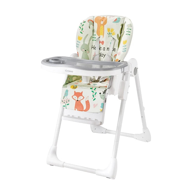 UBRAVOO Baby Foldable Highchair 0 Months Plus Fantasy Realm, Reclining, Double Tray (Animal World)