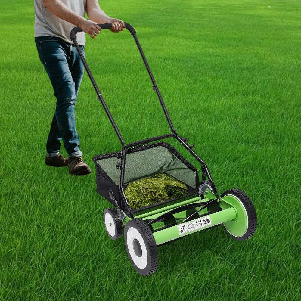 Manual Reel Lawn Mower Adjustable Cutting Handle Height Hand Push Lawnmower Yard Walk behind Removable Grass Steel Blades