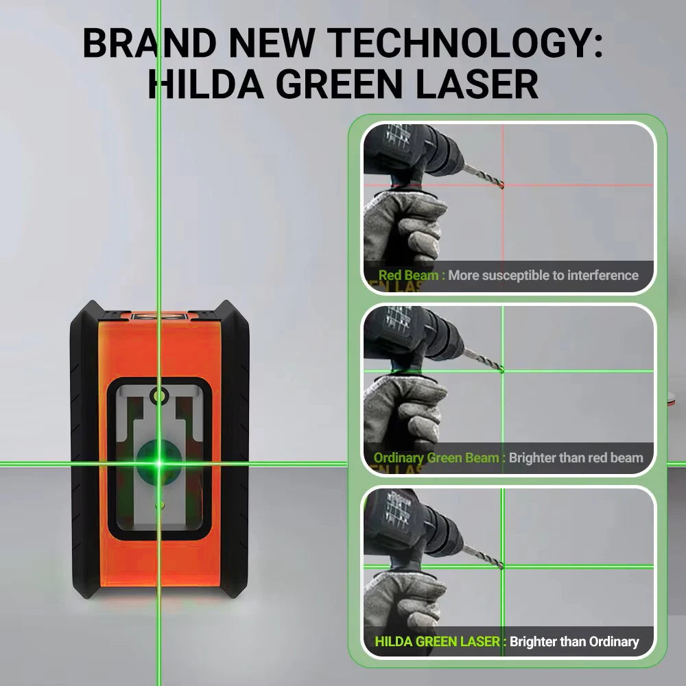 HILDA 2-Line Laser Level Instrument Cross Green Light Horizontal Laser Horizontal and Vertical Self-Leveling Green Beam